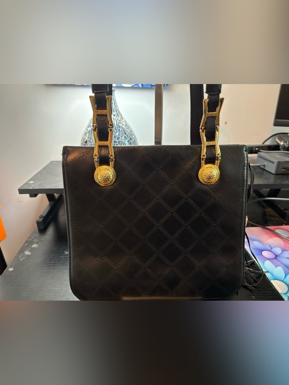 Rare Archival Gianni Versace 1990s Sunburst Tassel Shoulder Bag Black Leather